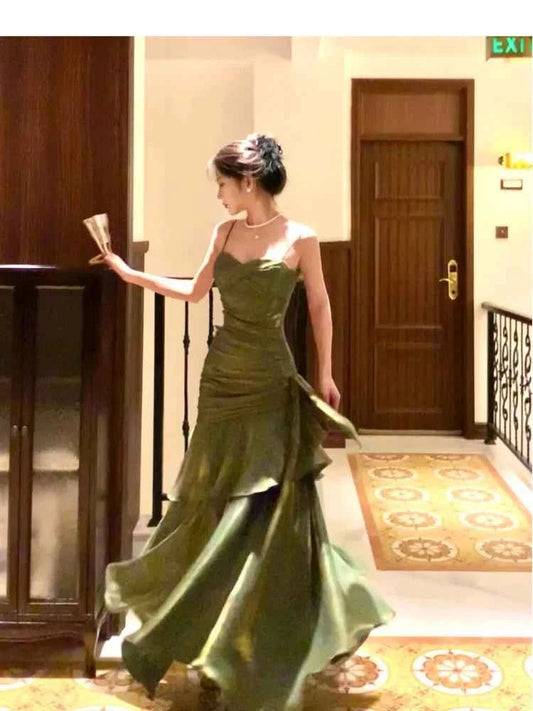 Women Summer New Elegant Ruffled Maxi Dress Light Luxury Bodycon Sling Fishtail Dresses Vintage Party Gown Prom and Events