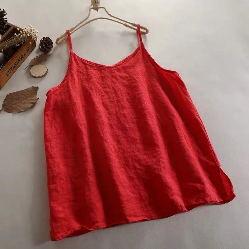 Summer Simple All-match Top Loose Thin Camisole Solid V-neck Vest Women Clothing Sleeveless Casual Highstreet Holiday T-shirt
