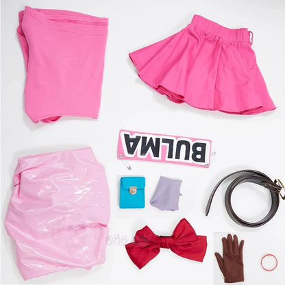 Anime Bulma Cosplay Costume Wig Women Short T-shirt Sexy Leather Bodysuit Headwear Scarf Belt Bag Set Halloween Carnival Clothes