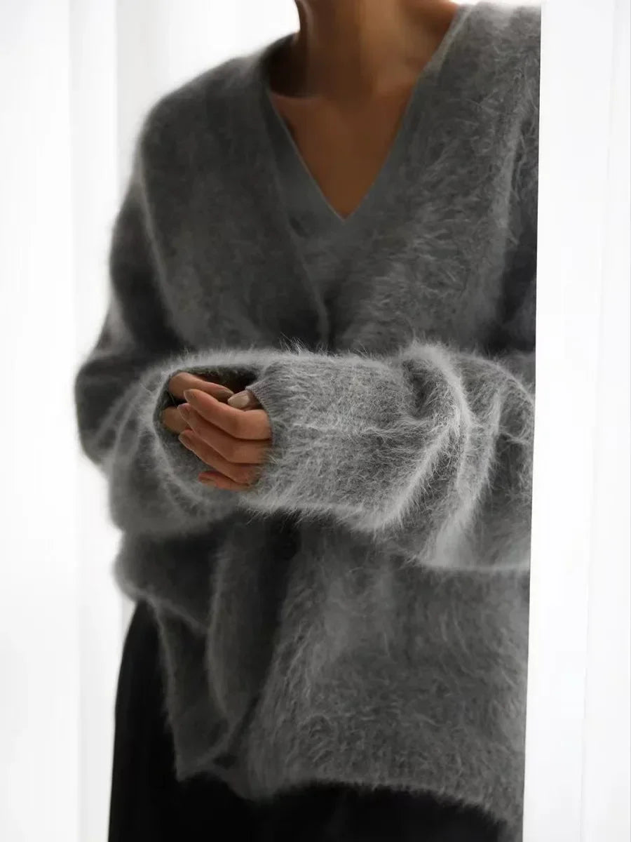 Women's V-Neck Cardigan Sweater Coat - Solid Knit, Single Breasted
