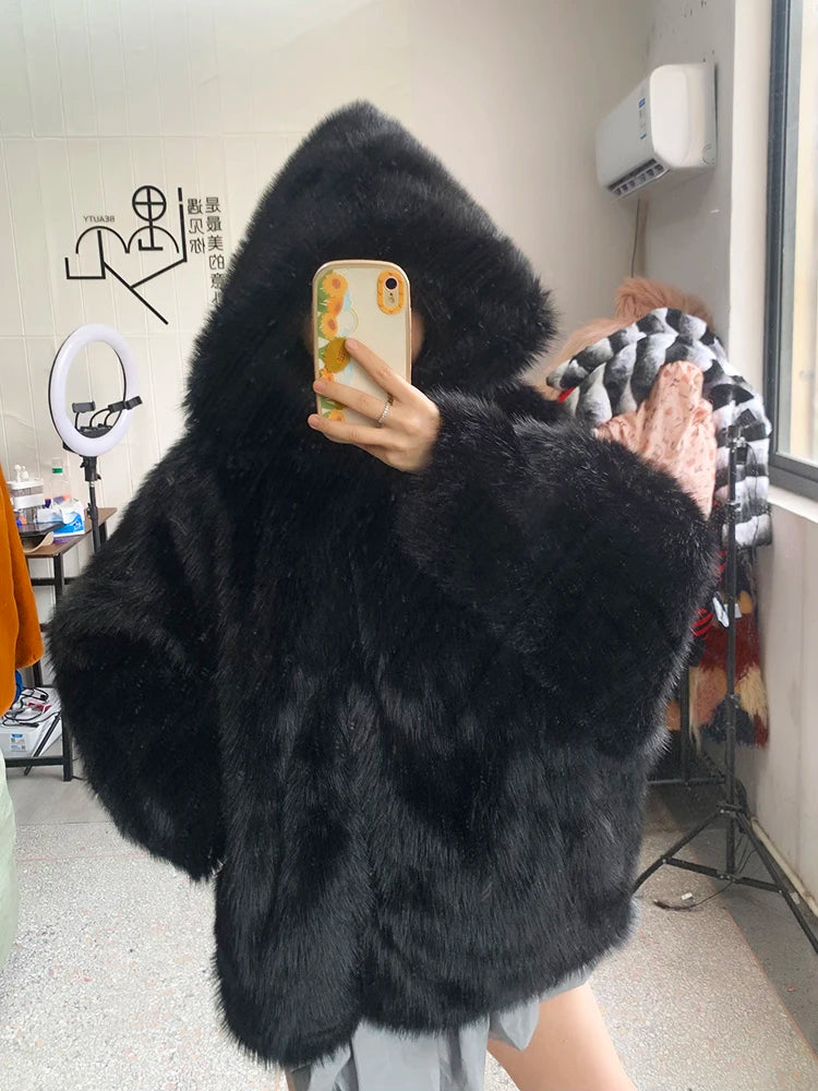 Nerazzurri Women's Faux Fur Coat with Hood - Warm & Fluffy
