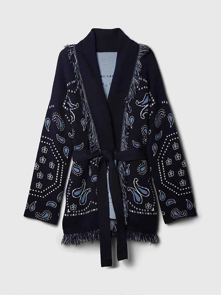 Vintage Tassels Print Women's Print Cardigan V-Neck Lace Up Full Sleeve Spliced Sweaters 2025 Autumn Lady All-match Kintwears