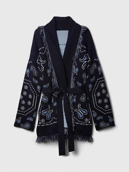 Vintage Tassels Print Women's Print Cardigan V-Neck Lace Up Full Sleeve Spliced Sweaters 2025 Autumn Lady All-match Kintwears