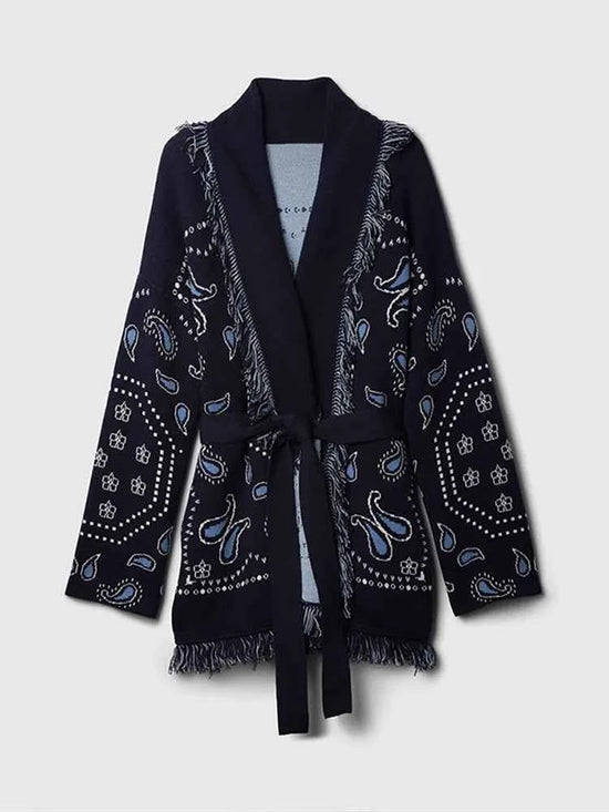 Vintage Tassels Print Women's Print Cardigan V-Neck Lace Up Full Sleeve Spliced Sweaters 2025 Autumn Lady All-match Kintwears