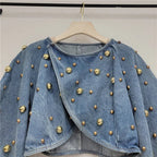 Spring Autumn Women Rivets Long Lantern Sleeve Denim Coat Short Pearls Beading Jeans Bomber Jacket Cowboy Cardigan Tops 2023 SS69
