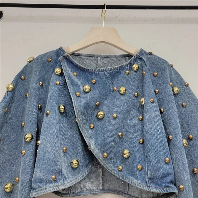 Spring Autumn Women Rivets Long Lantern Sleeve Denim Coat Short Pearls Beading Jeans Bomber Jacket Cowboy Cardigan Tops 2023 SS69