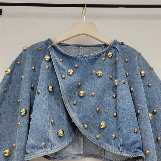 Spring Autumn Women Rivets Long Lantern Sleeve Denim Coat Short Pearls Beading Jeans Bomber Jacket Cowboy Cardigan Tops 2023 SS69