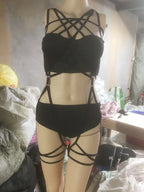 Gothic Mesh Backless Crop Top & Skirt Set - 3 Piece