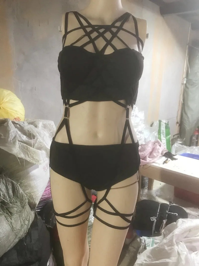 Gothic Mesh Backless Crop Top & Skirt Set - 3 Piece