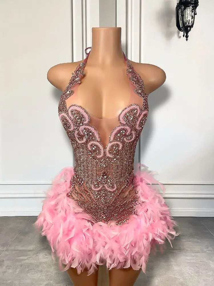 Sparkly Cute Sleeveless Women Birthday Party Formal Gowns Luxury Pink Diamond Feather Short Mini Prom Dress 2025 For Black Girls SS69 234.69 Same as pic / 6