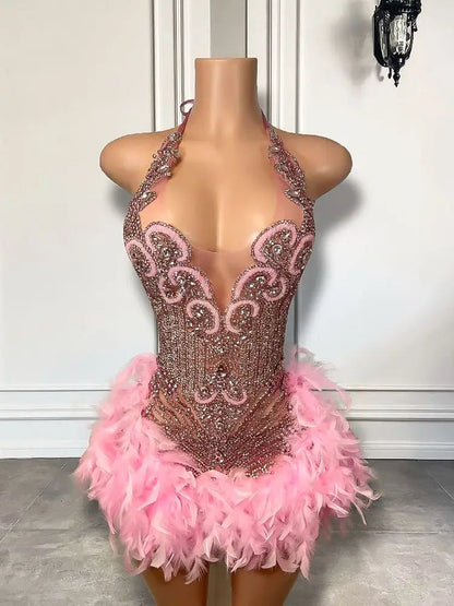 Sparkly Cute Sleeveless Women Birthday Party Formal Gowns Luxury Pink Diamond Feather Short Mini Prom Dress 2025 For Black Girls SS69 234.69 Same as pic / 6