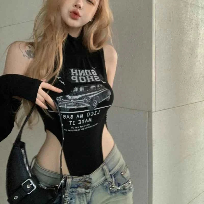 Y2k Black O Neck Sleeveless Sexy Jumpsuit Harajuku Letter Print Summer Thin Slim Clothes Grunge Punk with Half Sleeve Tops