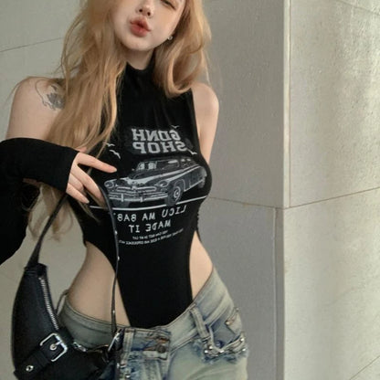 Y2k Black O Neck Sleeveless Sexy Jumpsuit Harajuku Letter Print Summer Thin Slim Clothes Grunge Punk with Half Sleeve Tops