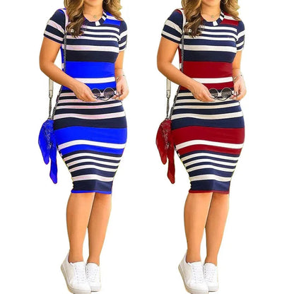 Summer New Women O-Neck Short Sleeve Leaf Striped Print Bodycon Knee Length Dress Sexy Partynight Club Dress SS69