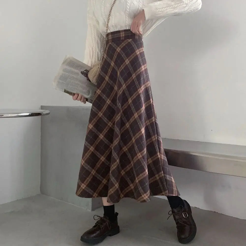 Elegant High Waist Retro Plaid Skirt Winter Autumu Classical High Waist Long Skirt Slim Fit Preppy Style A-line Half Dress Party