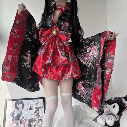6pcs Traditional Japanese Kimono Robe Kawaii Pink Sakura Printed Bowknot Lolita Dress Halloween Party Geisha Cosplay Costumes