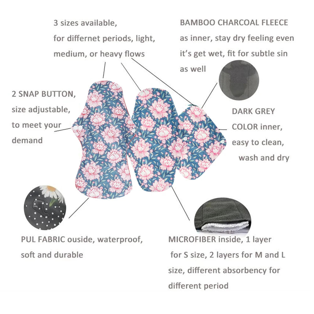 5PCS Reusable Menstrual Pads Heavy Flow Women Menstrual Period Washable Sanitary Napkin Organic Bamboo Charcoal Cloth Pad