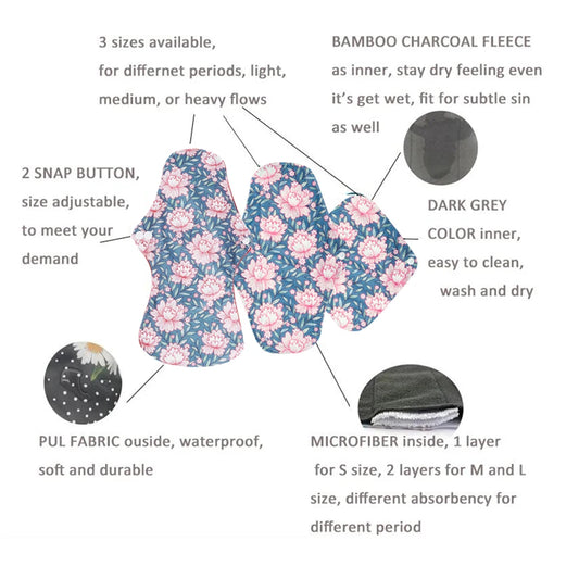 5PCS Reusable Menstrual Pads Heavy Flow Women Menstrual Period Washable Sanitary Napkin Organic Bamboo Charcoal Cloth Pad