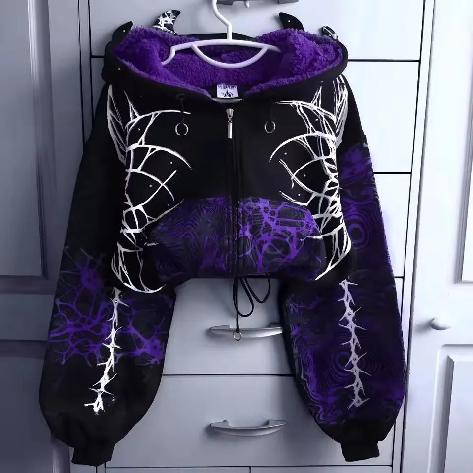 Women Y2K Gothic Zip Up Hoodie Red Faux Fur Collar Embroidery Rhinestone Hooded Jacket Grunge Streetwear Casual Sweatshirt