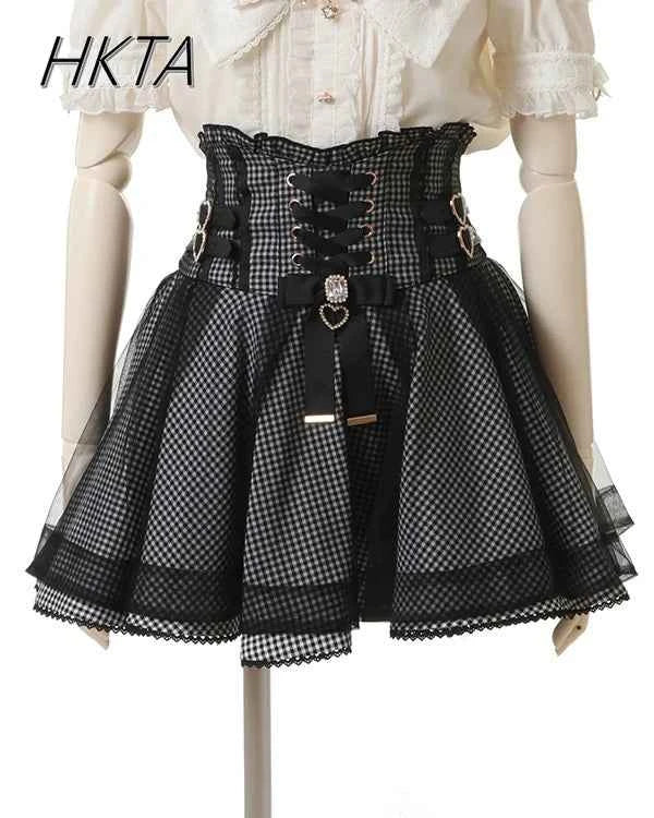 Japanese Liz New Spring Lace Edge Leather Ring High Waist Pleated Skirt Ribbon Bow Short Plaid Skirts Big Bow Lolita Blouses
