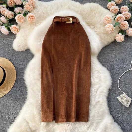 SINGREINY Women Korean Split Sexy Long Skirt 2024 Winter Corduroy Slim Thick Streetwear Fashion Vintage Autumn Bodycon Skirt