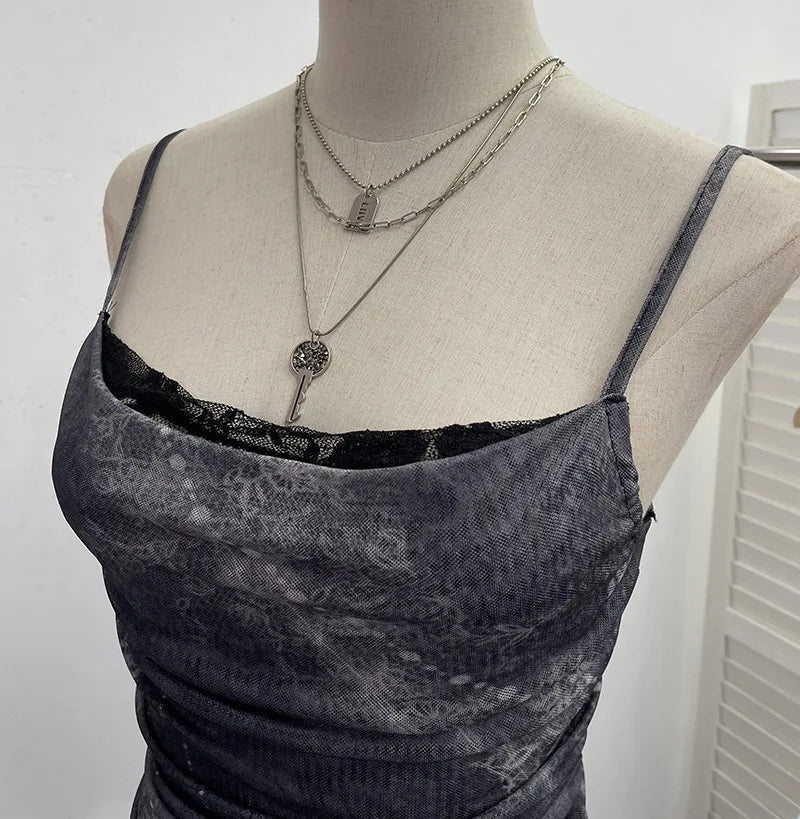 Women's Vintage Tie-dye Printed Mesh Spaghetti Strap Camisole Hot Girl Irregular Ruffled Ribbon Sleeveless Top Partyclub 1185