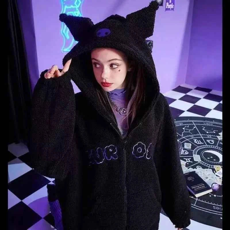 Sanrio New Hoodie Hooded Kuromi Cute Thicken Coat Fleece-Lined Embroidery Women's Loose Plus Size Hoodie Autumn and Winter Ins