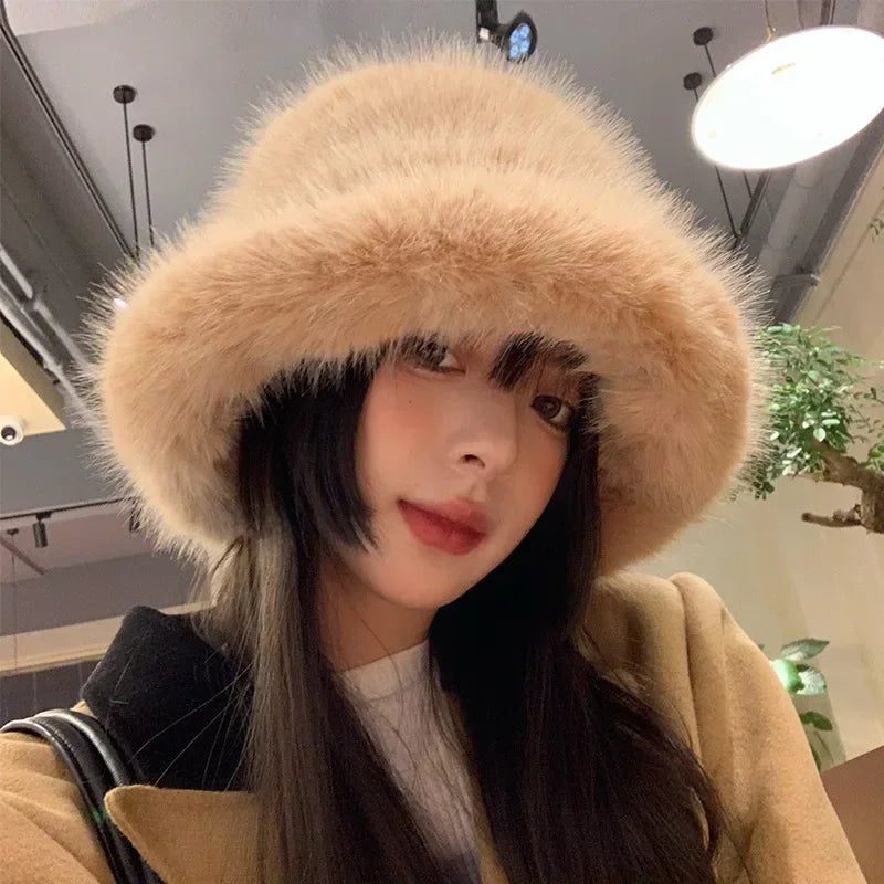 2025 Fluffy Faux Fur Bucket Hats Women Rabbit Fur Warm Thick Plush Winter Hat Lady Fashion Luxury Panama Furry Fisherman Cap Y2k