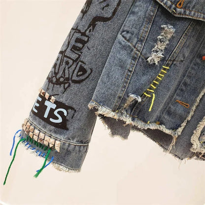 2025 Spring Autumn Women Street Fashion Graffiti Denim Jacket Female Short Frayed Raw Cut Rivet Jacket Fringe Jean Coat Outwear SS69