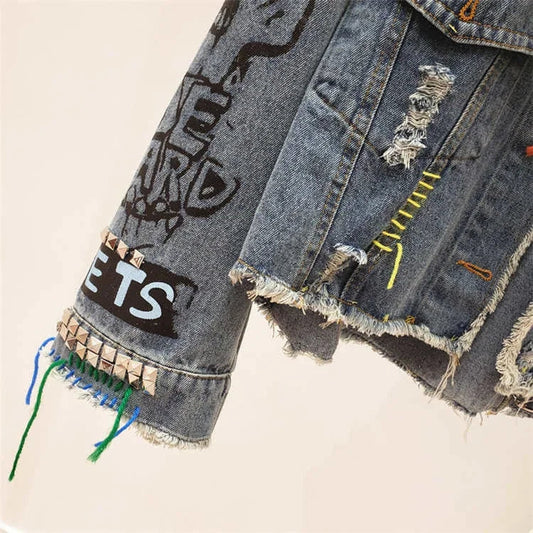 2025 Spring Autumn Women Street Fashion Graffiti Denim Jacket Female Short Frayed Raw Cut Rivet Jacket Fringe Jean Coat Outwear SS69