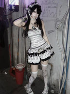 Punk Subculture 2 Piece Matching Suits Women Y2K Leopard Bow Cami Top Ruffle Denim Skirt Retro Harajuku Daily Outfits