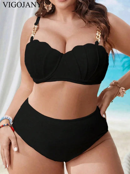 VigoJany 2025 Solid 3 Piece Mesh Skirt Plus Size Bikini Set Women Strapped Push Up Big Swimsuit High Waist Chubby Bathing Suit SS69
