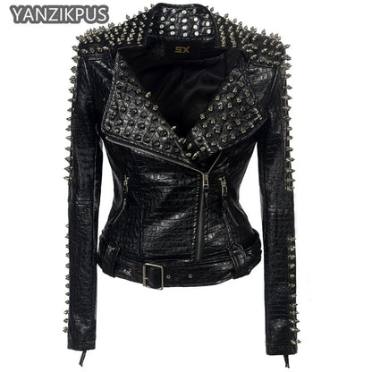 2025 Steampunk Rock Rivet Women's Leather Jacket Slim Short Streetwear Gothic Embroidery PU Leather Locomotive Coat Femme SS69
