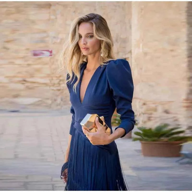 Women Stacked Tassel Maxi Dress Elegant Deep V Neck Full Sleeve Slim Fit Long Gowns Lady New Evening Party Fashion Robes 2025