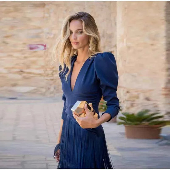 Women Stacked Tassel Maxi Dress Elegant Deep V Neck Full Sleeve Slim Fit Long Gowns Lady New Evening Party Fashion Robes 2025