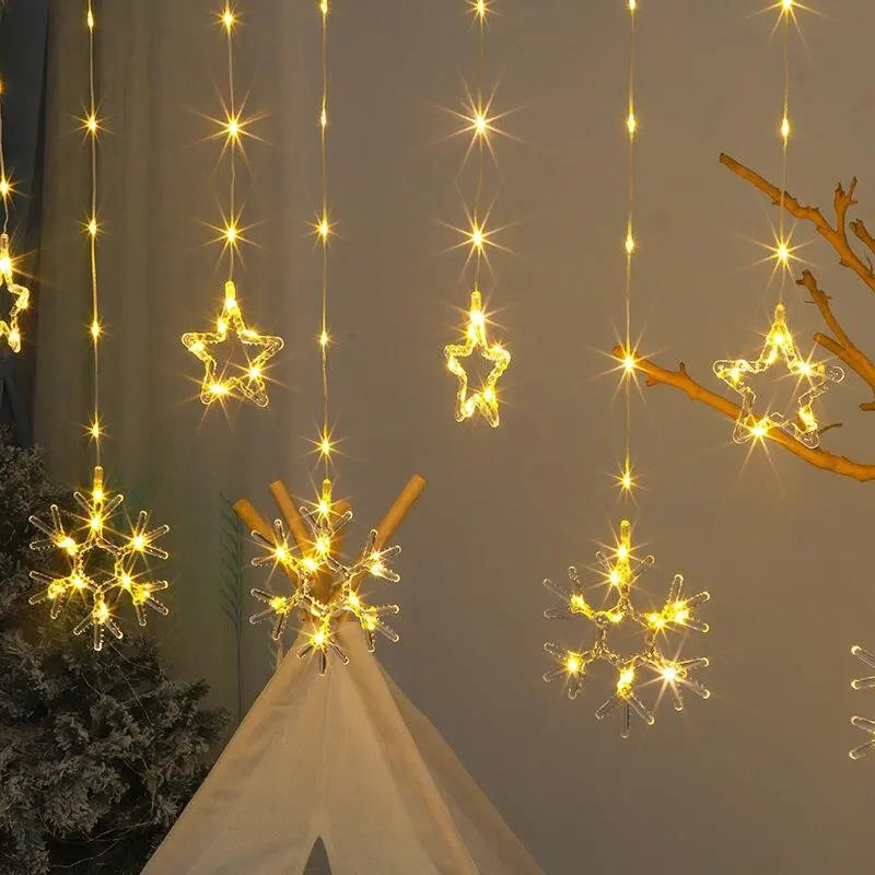 Christmas Curtain Lights LED String Lights with Tree Snowflake Star Deer Bell USB Remote 8 Modes Home Decor