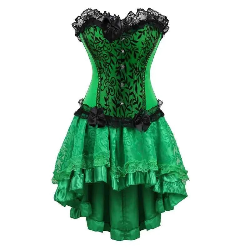 SS69 Plus Size Vintage Floral Lace Corset Bustier and Skirt Set - Green