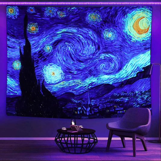 Starry Night Blacklight Tapestry by Van Gogh Wall Art for Bedroom Aesthetic, Abstract Wall Hanging UV Reactive Fabric Poster for