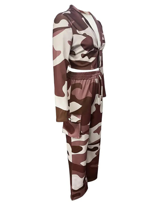 Camo Print Cargo Pants Sets Sexy Crop Tops & Elastic High Waist Wide Leg Trousers Women's Two Pieces Set Casual SweatOutfits SS69