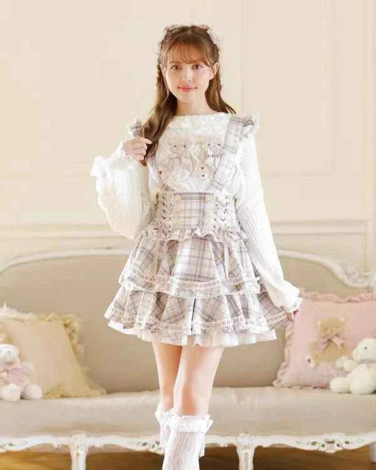 Original Japanese Mines Lolita Strap Skirts Women High Waist and Thin Frilly Pleated Skirt College Style Liz Girl Plaid Skirt