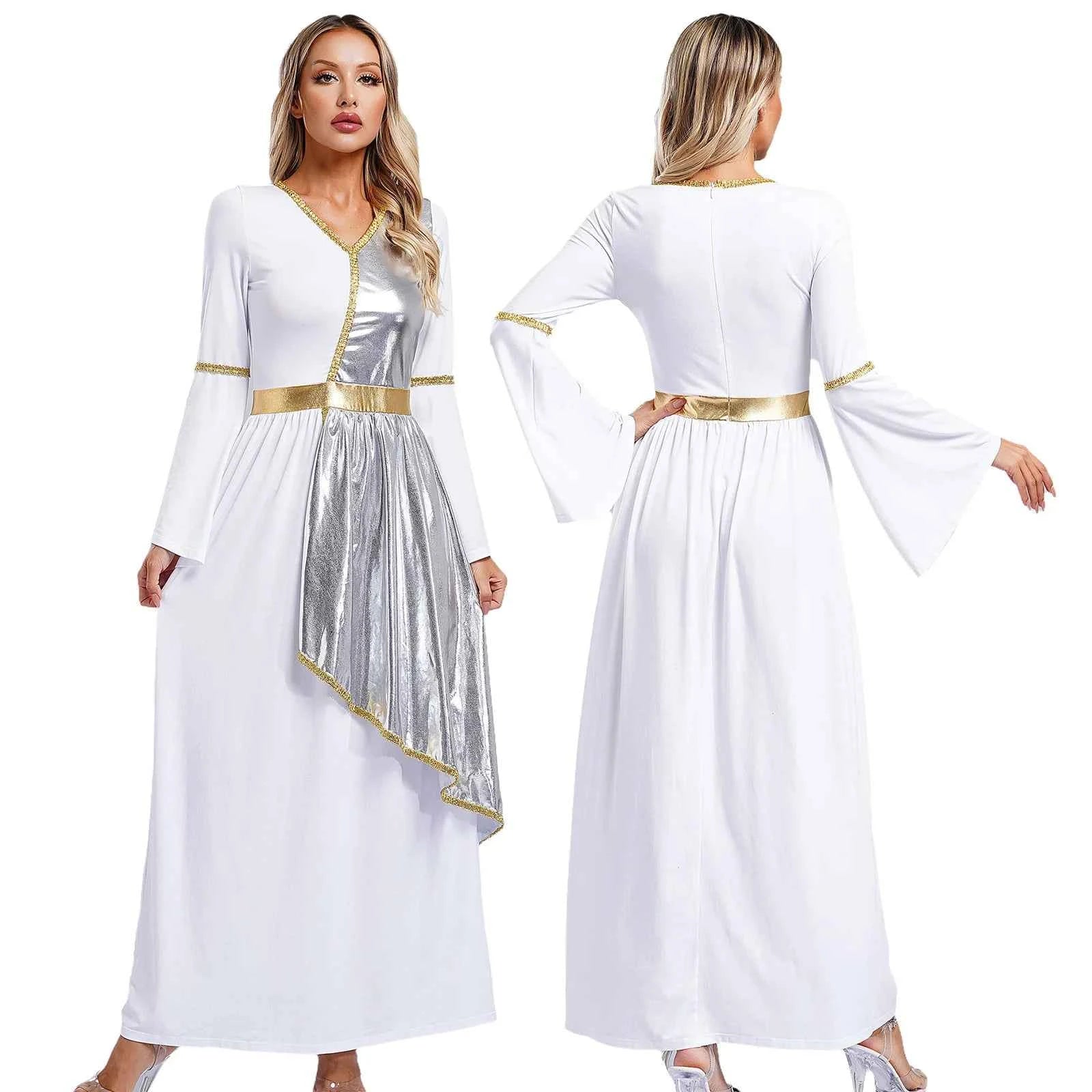 Woman's Greek Aphrodite Nymph Halloween Cosplay Costume Shiny Bell Long Sleeve Maxi Robe Dress Church Choir Prayer Gown