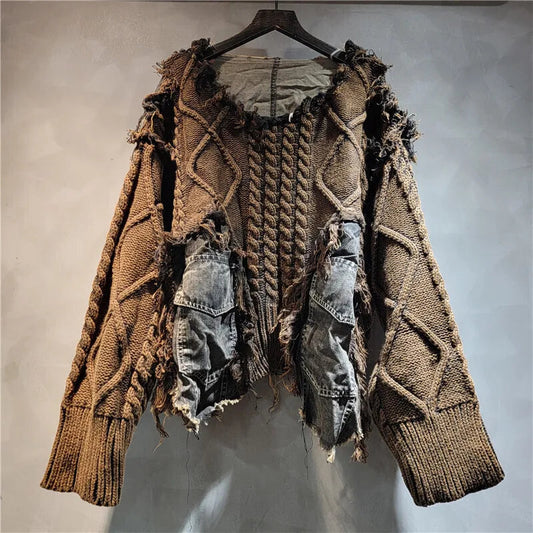 [EWQ] Vintage Long Sleeve Denim Pockets Patchwork V-Neck Orange-red Sweater Loose Tops Old Designs Women Pullover Knitted 6U1329 SS69