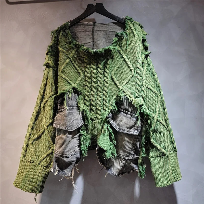 DEAT Women's Patchwork Denim Pullover Sweater - Loose Knit Top
