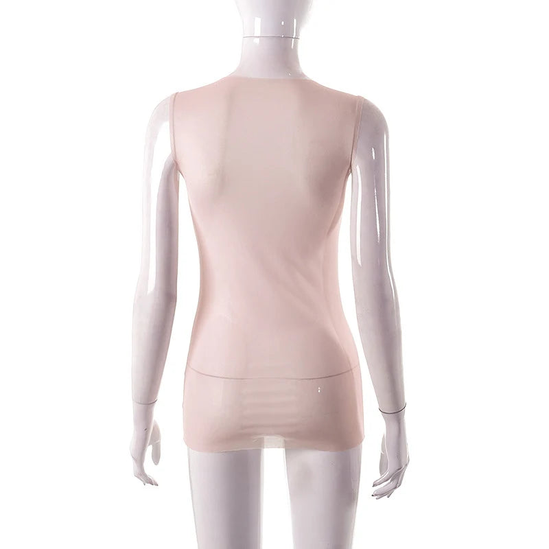 Fashion Trendy Round Collar Sleeveless Tank Mesh Sexy Article Print Slim Casual Top Women Hipster Wear SS69