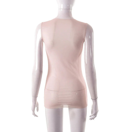 Fashion Trendy Round Collar Sleeveless Tank Mesh Sexy Article Print Slim Casual Top Women Hipster Wear SS69