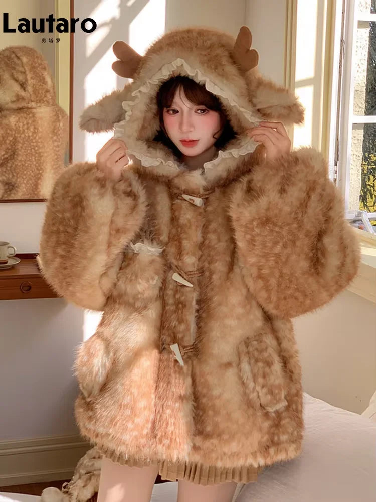 Lautaro Autumn Winter Thick Warm Sweet Cute Lace Patchwork Faux Fur Coat Hoodie Women with Deer Ears Horn Buttons Fluffy Jacket