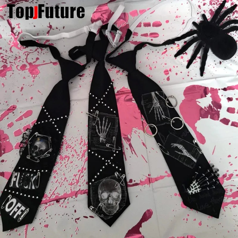 Women Men Y2K Girl Boy Gothic Harajuku Punk Steampunk Pre-Tied Ties Skeleton Necktie Accessories Halloween Cosplay Tie Choker SS69