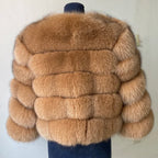 WGLUVF Women's Real Fox Fur Short O-Neck Coat