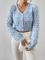 Women's V-Neck Knit Cardigan - Hollow Out Embroidery, Single Breasted