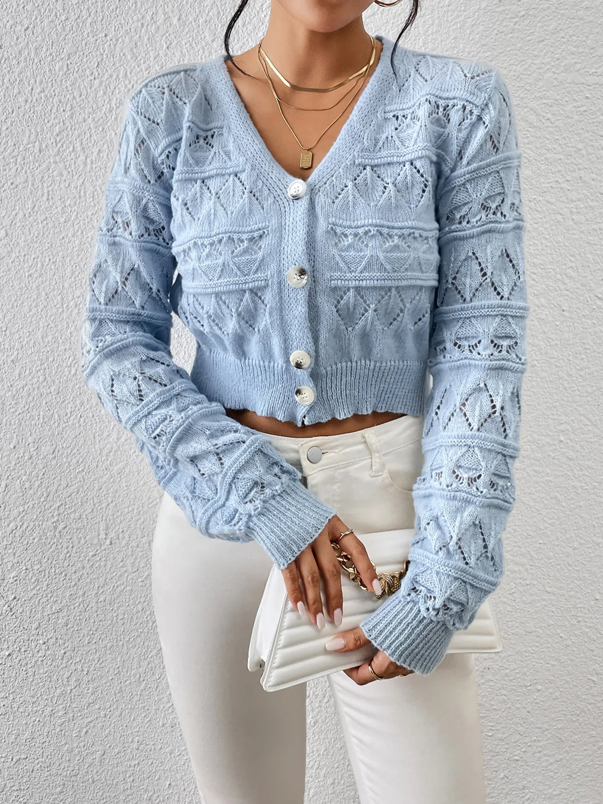 Women's V-Neck Knit Cardigan - Hollow Out Embroidery, Single Breasted